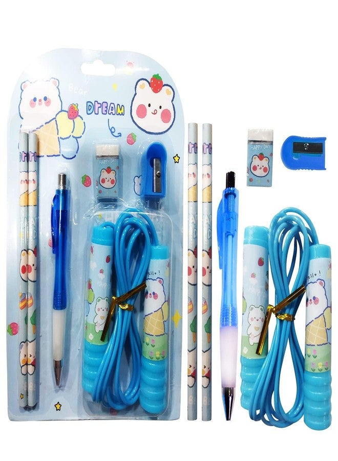 JMK CRAFTS Birthday Return Gifts for Kids | Stationery Combo Set of 6 Pcs - Pen, Pencil, Sharpener, Eraser & Skipping Rope | Blue School Gift Set for Boys & Girls - Image 1